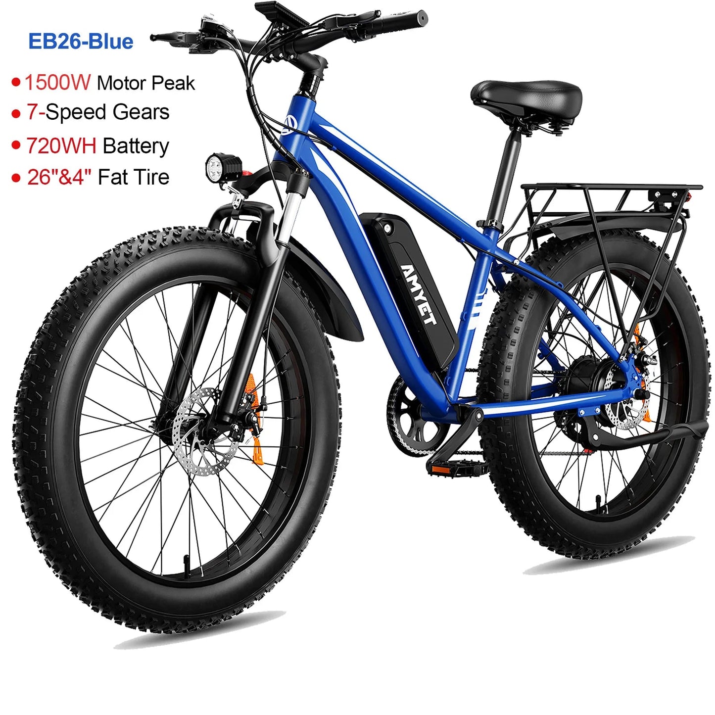AMYET EB26 Electric Bike, 1500W Peak Motor 28MPH Fat Tire Ebike