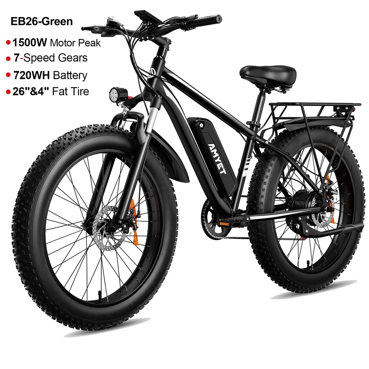 AMYET EB26 Electric Bike, 1500W Peak Motor 28MPH Fat Tire Ebike