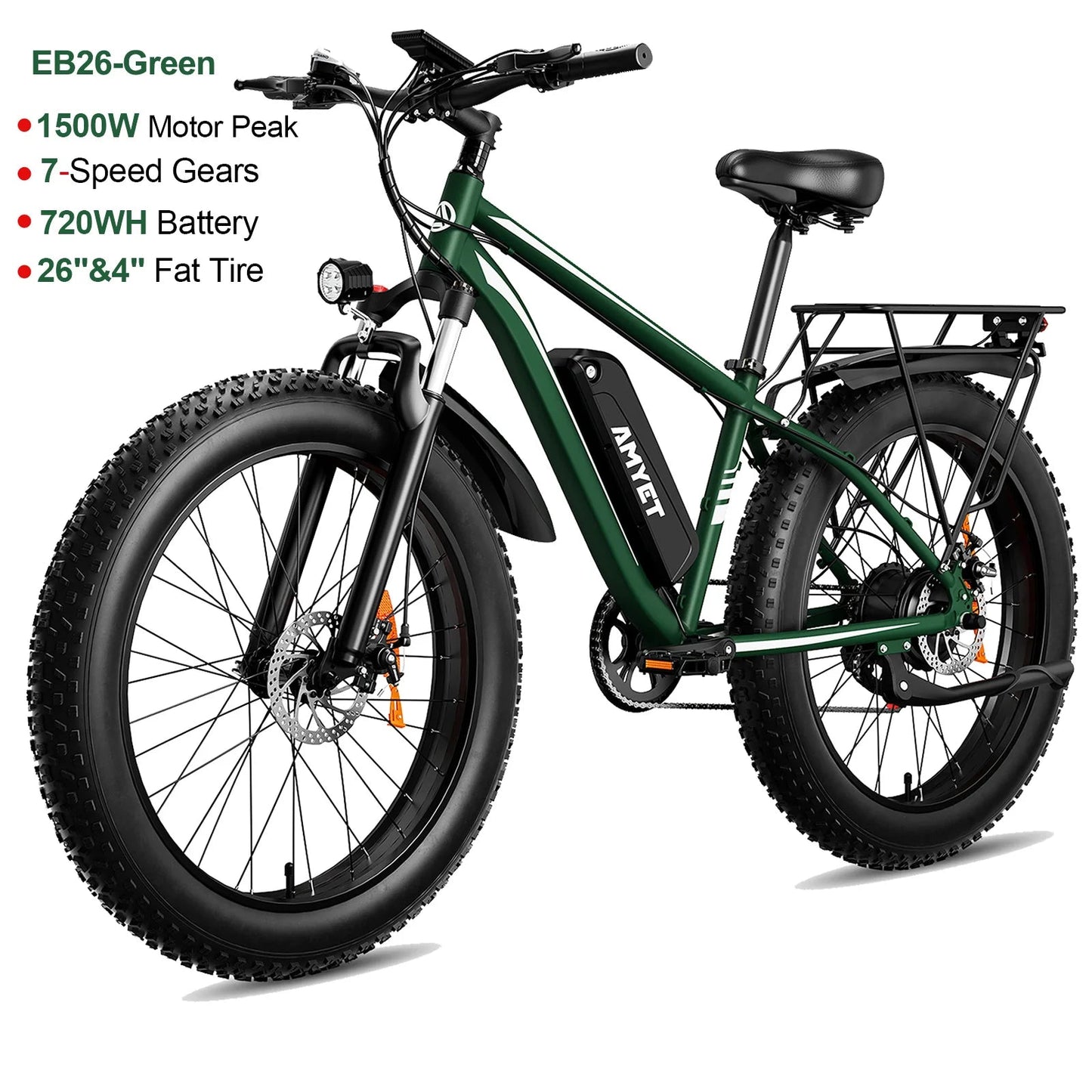 AMYET EB26 Electric Bike, 1500W Peak Motor 28MPH Fat Tire Ebike