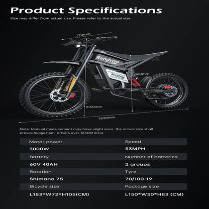 Ultra Premium Adult Electric Dirt Bike, 3000W Power
